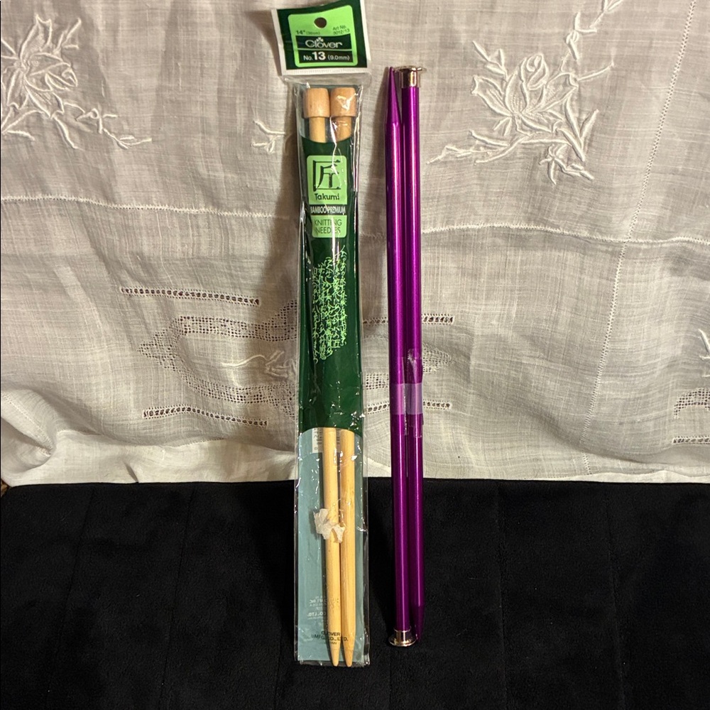 Clover Takumi Bamboo Knitting Needles and Purple KnitPro Zing needles.